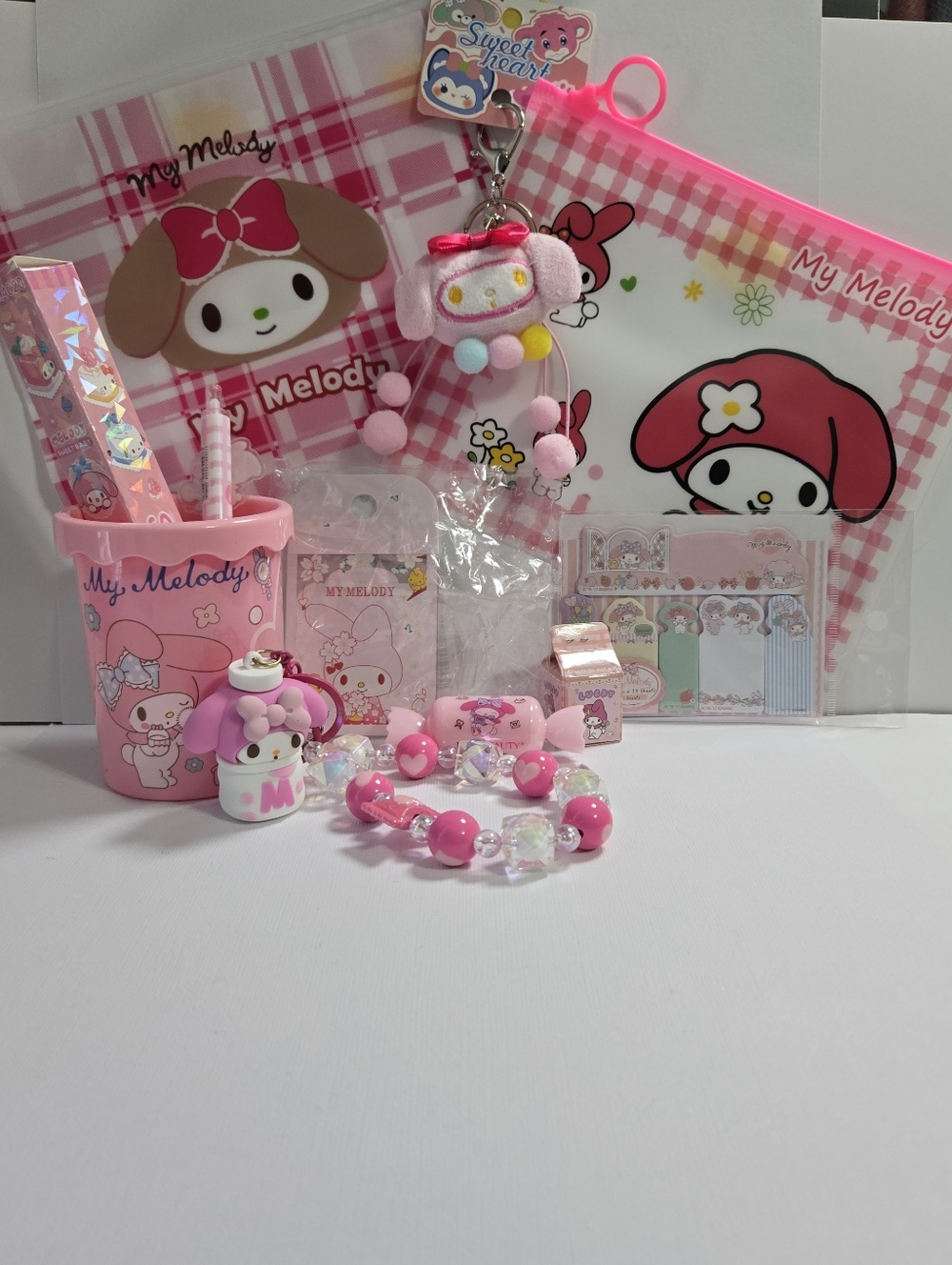 My Melody Pink Bundle, Bag Charms, Pens, Lip Balm 11 Piece Set NWT